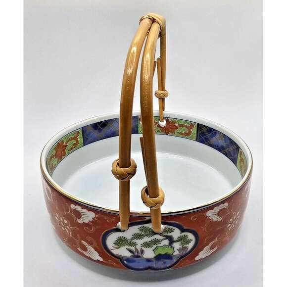 Vintage Takahashi Bowl Dish Bamboo Handles Japan Asian Ceramic Red Blue Floral - Picture 3 of 12